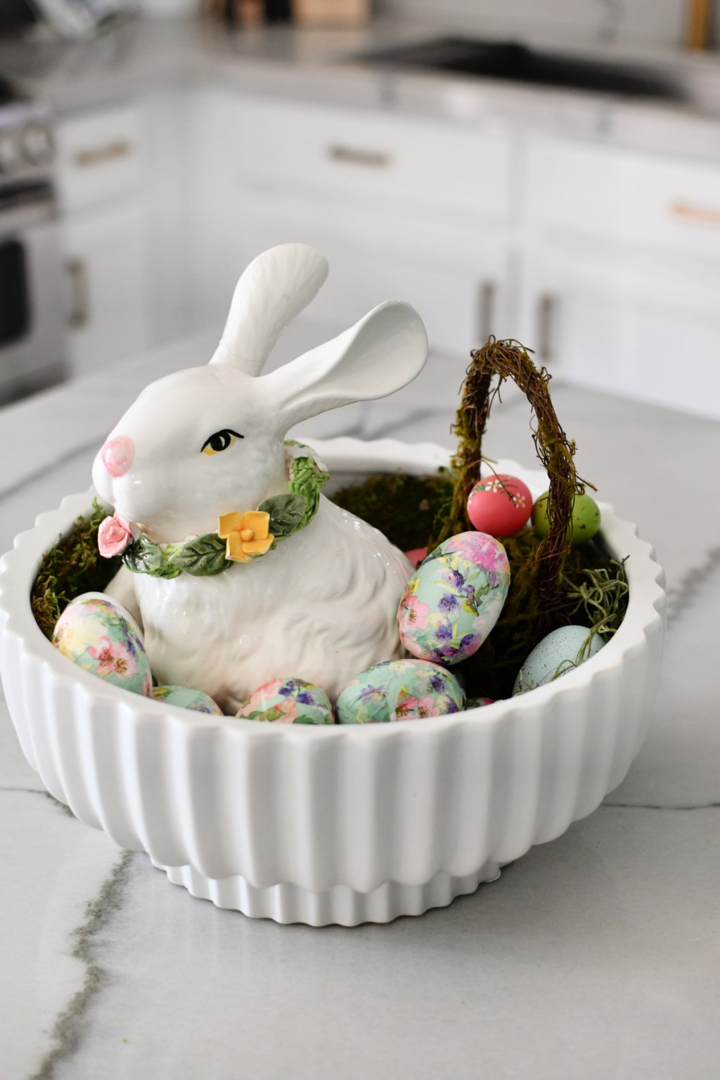 easter centerpiece using walmart planter and diy decoupage eggs