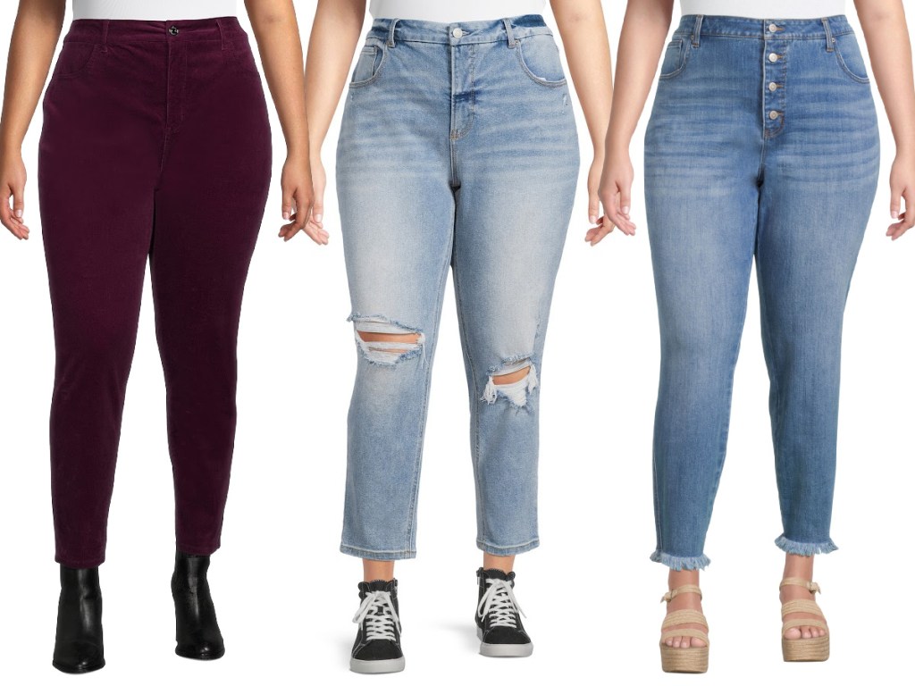 woman in purple jeans and two women in denim jeans