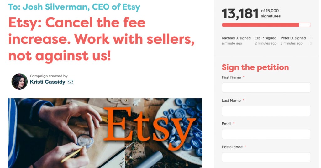 screenshot of etsy seller fee petition on coworker.org