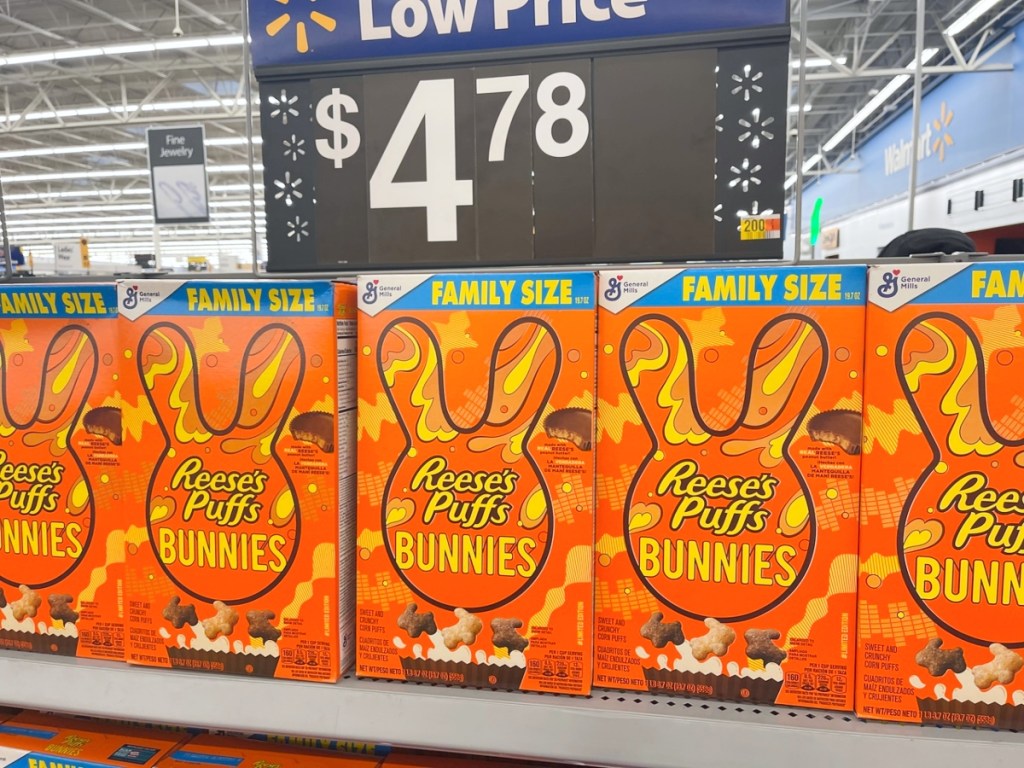 Reeses Puffs Bunnies cereal on the shelf at Walmart