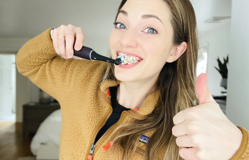 woman brushing teeth with froot loops toothpaste - april fools pranks