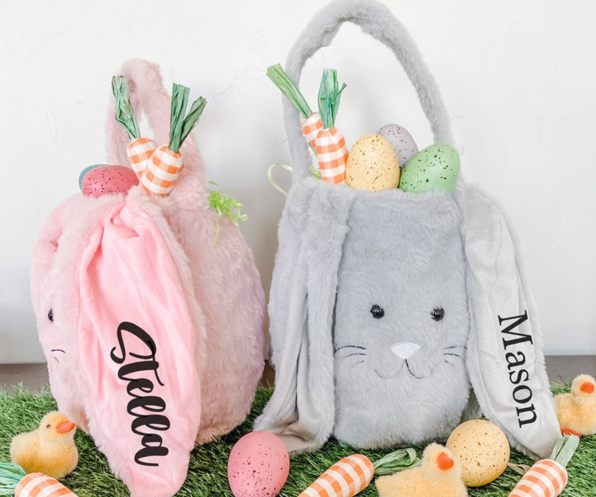 pink and grey plush bunny baskets with names on the ears