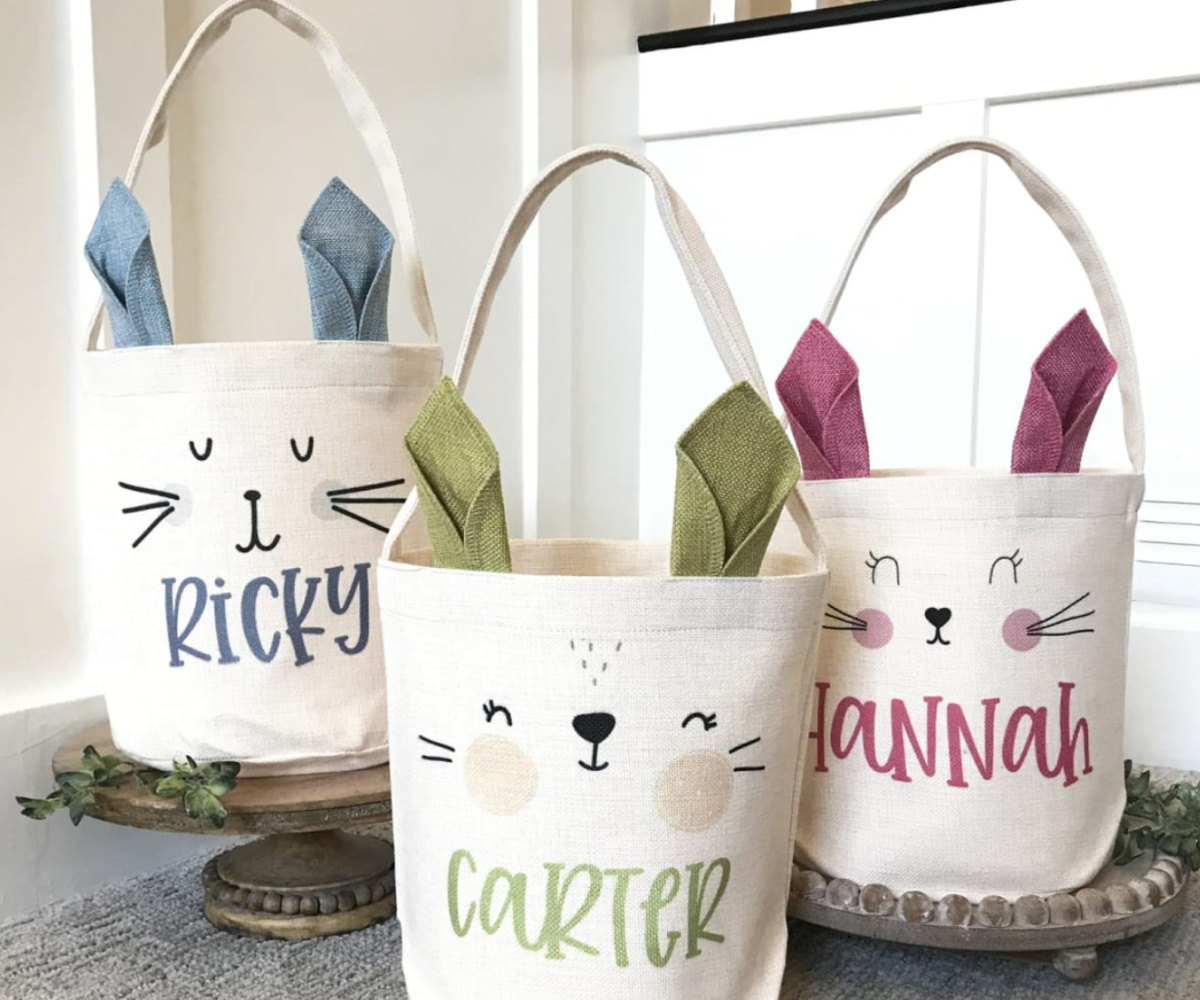linen baskets with bunny faces and names