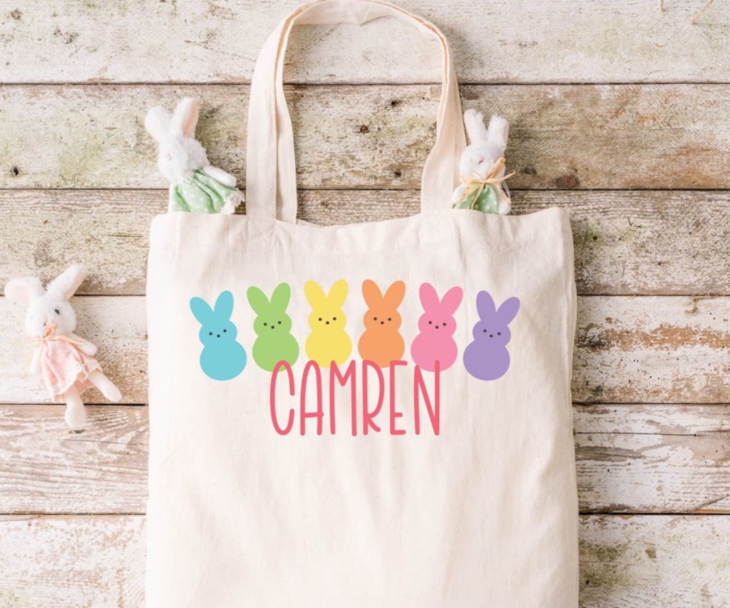 linen tote with peeps and personalized name on it