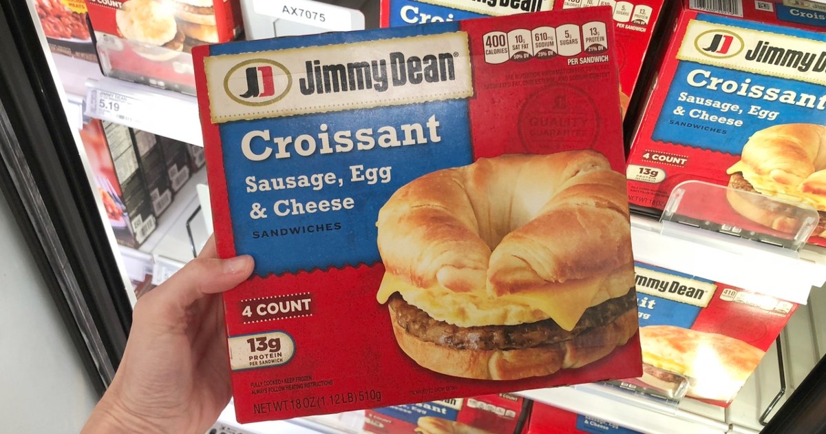 holding a box of Jimmy Dean frozen croissants