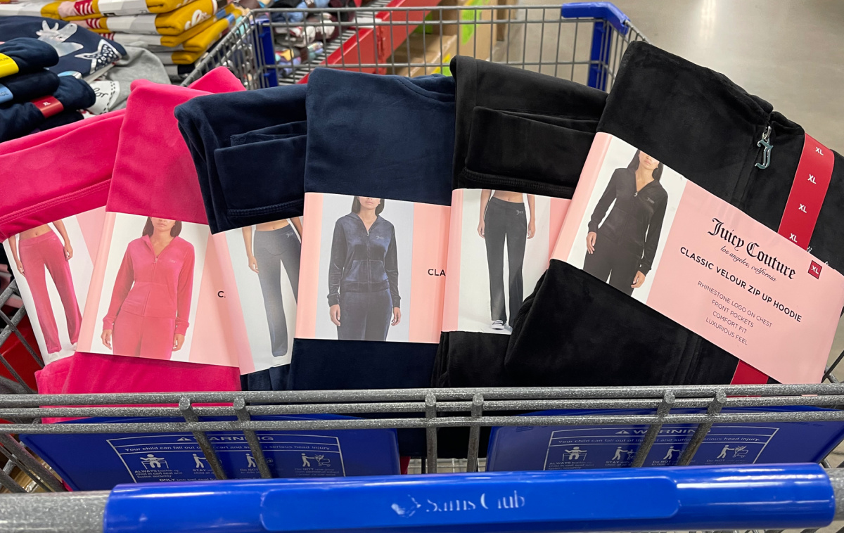 juicy couture velour sets in pink, navy and black in sams club cart