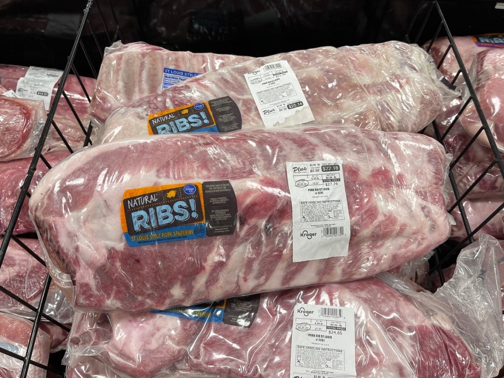 pork ribs in refrigerated case at grocery store