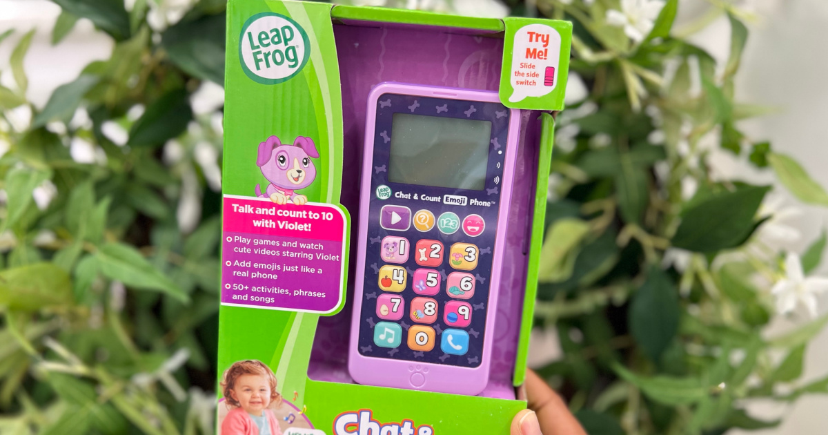 leap frog chat & count phone in box in front of plant