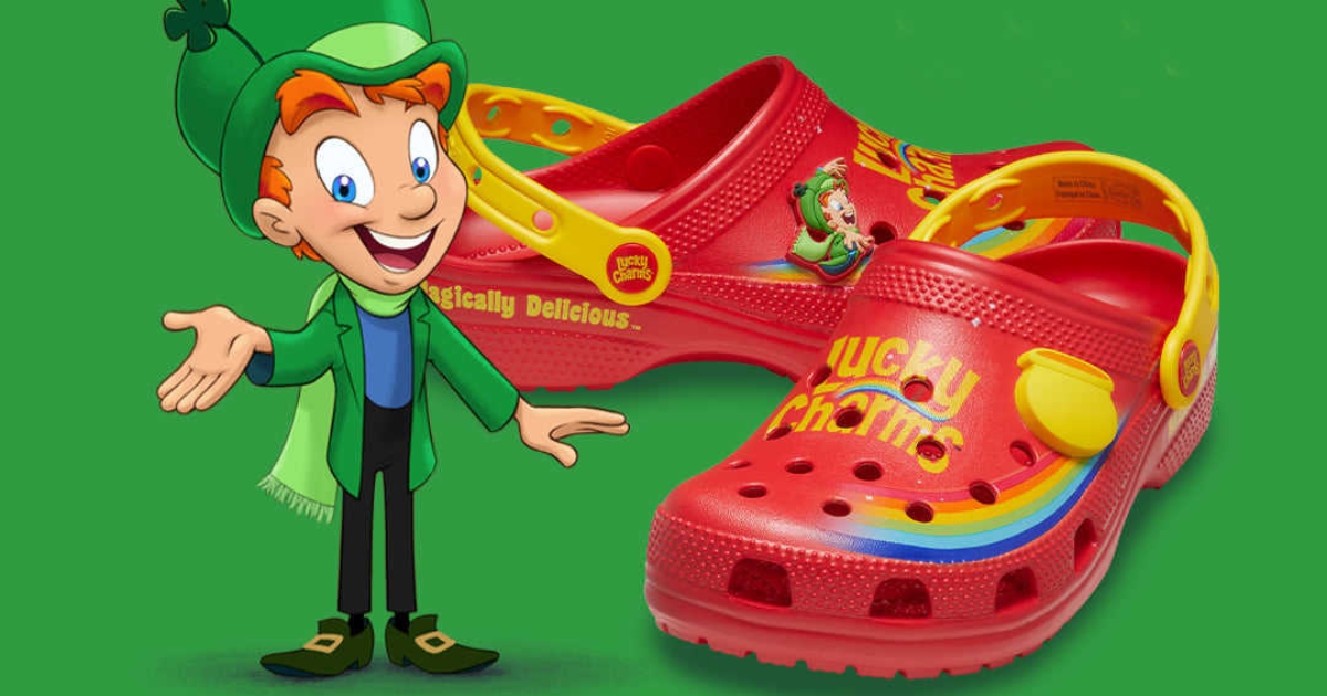 cartoon leprechaun standing with red Lucky Charms Crocs