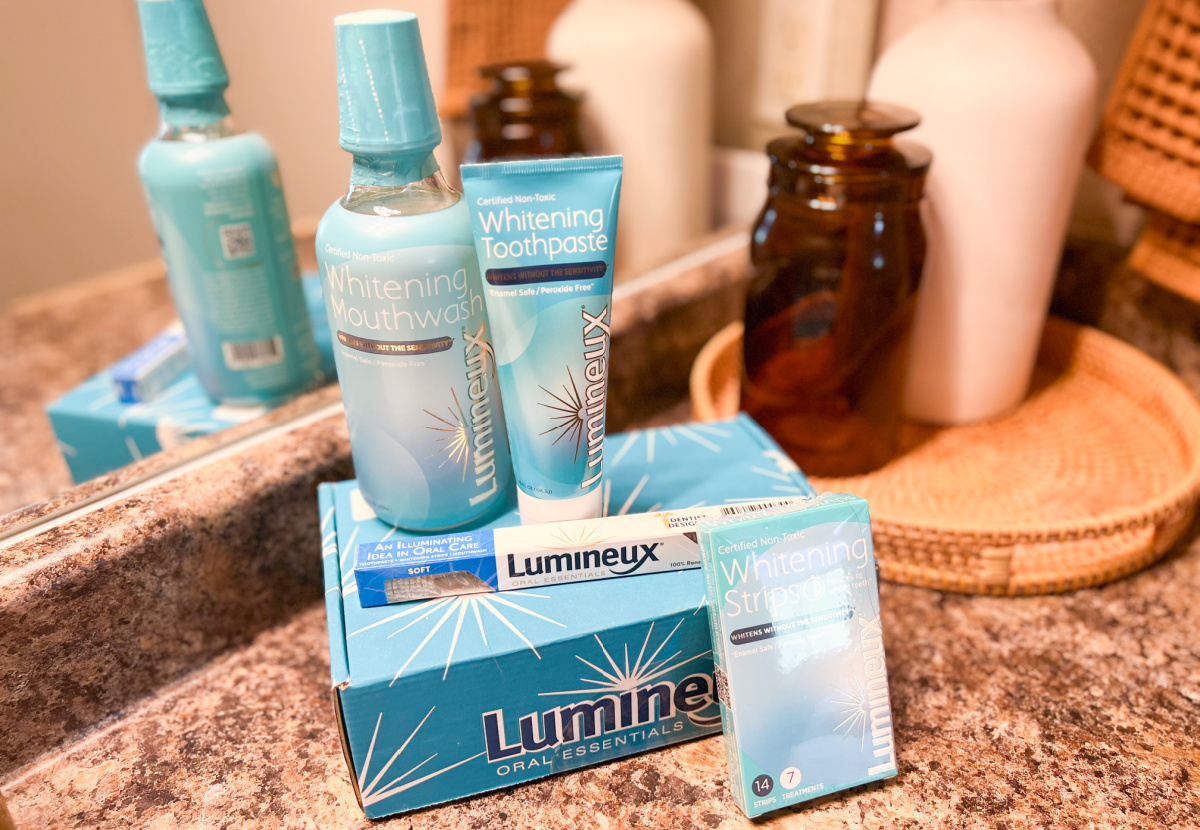 lumineux teeth whitening kit contents displayed on a bathroom vanity