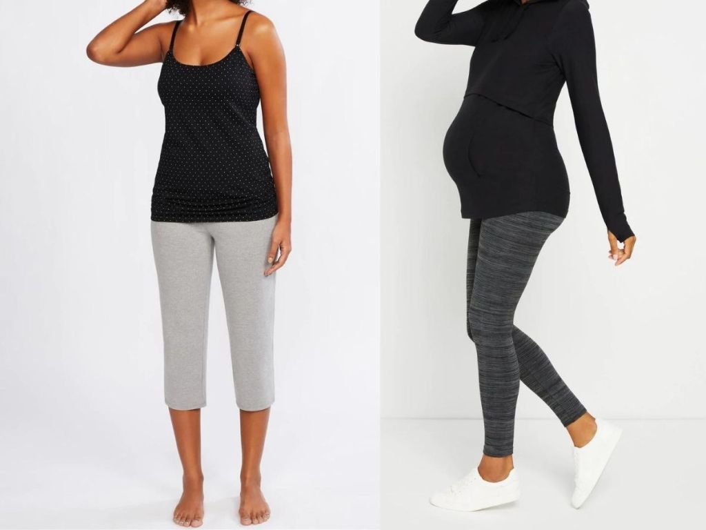 woman wearing gray maternity leggings and woman wearing dark gray maternity leggings