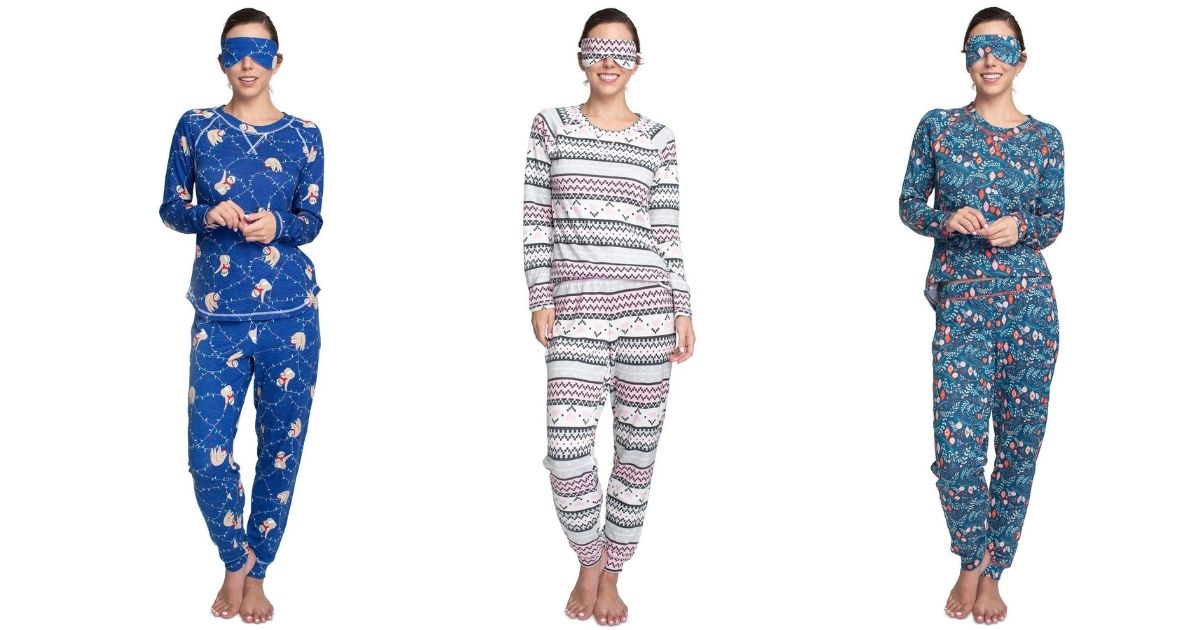 3 women wearing matching pajamas and sleep masks