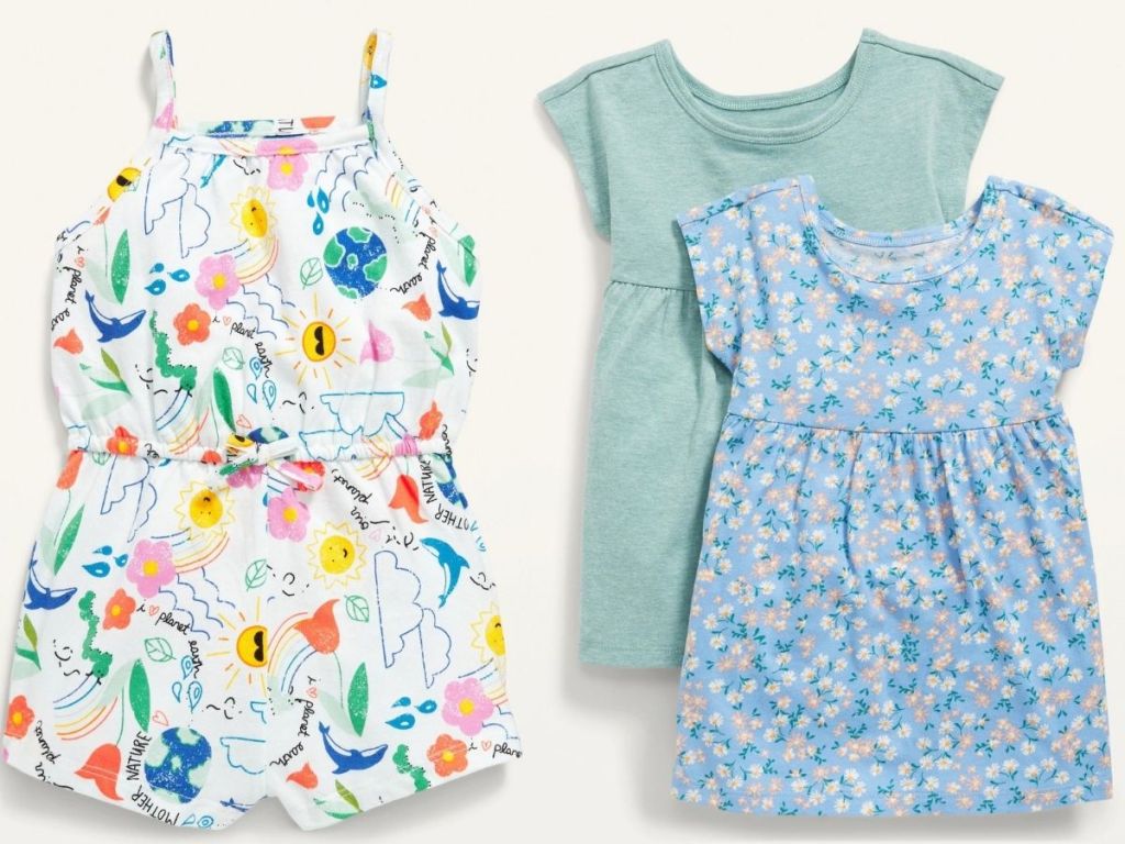 baby graphic romper and 2 dresses