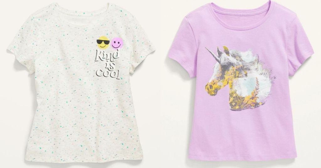 graphic girls tee and purple unicorn tee