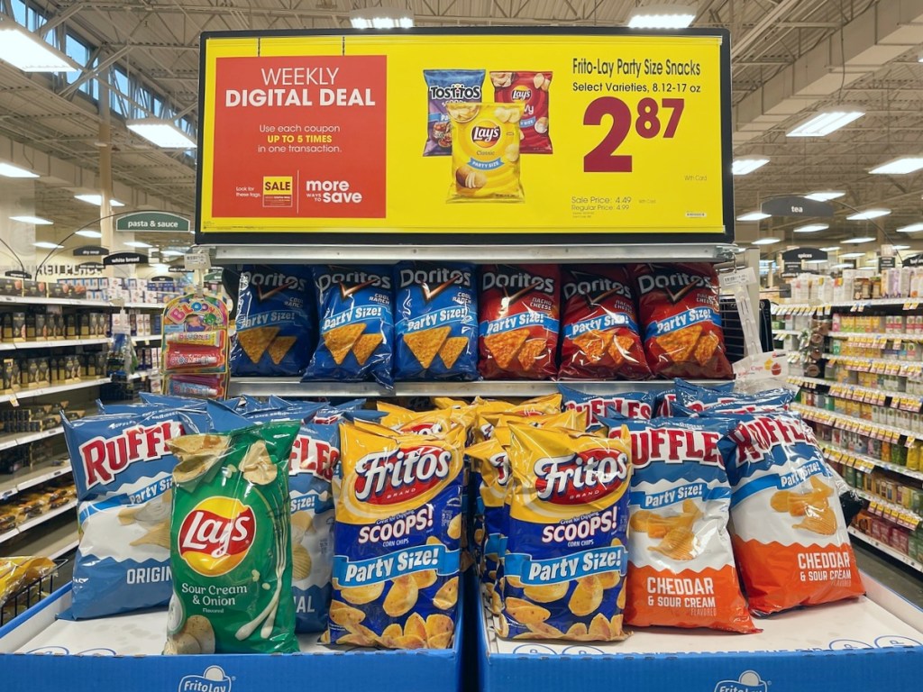 endcap with party size Lay's chips at Kroger