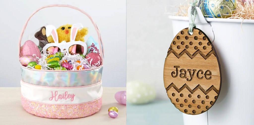personalized Easter basket and wooden gift tag