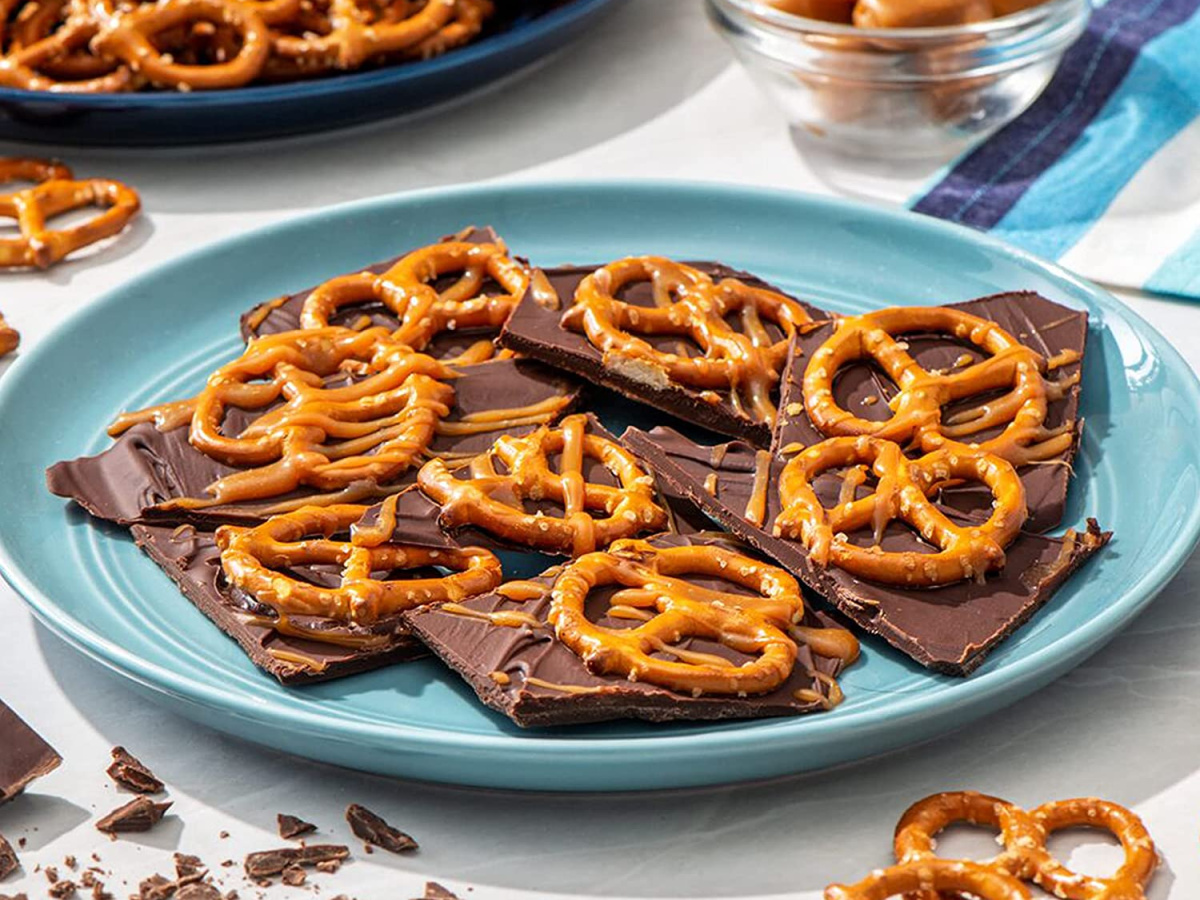 rold gold pretzels on chocolate