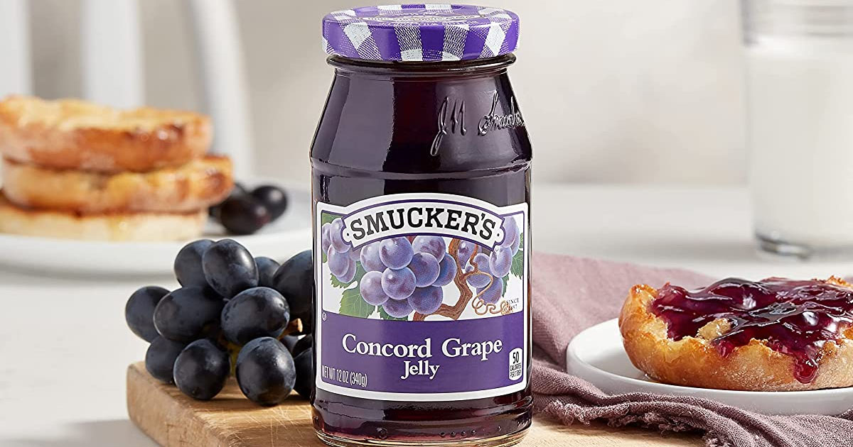 smuckers grape jelly jar on countertop