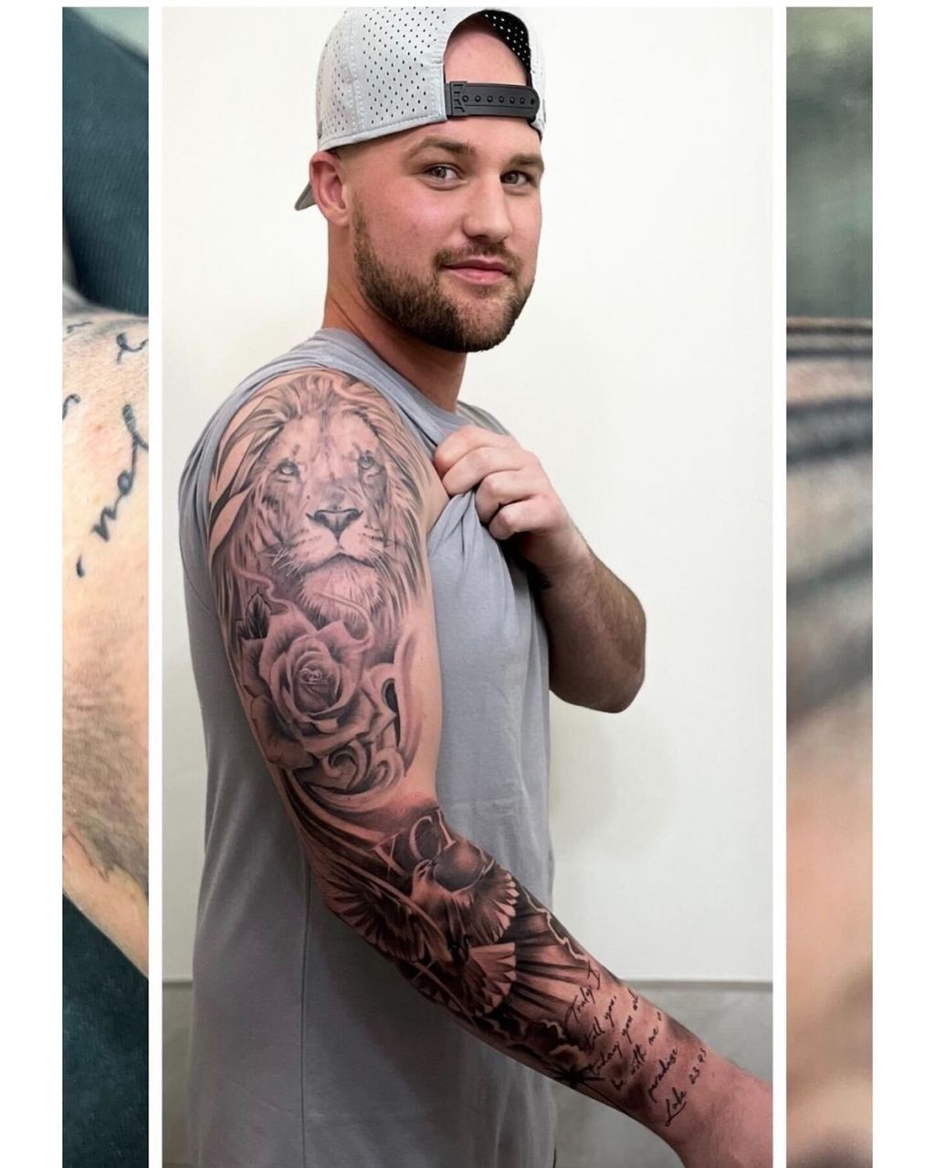man wearing muscle shirt showing off arm sleeve tattoo