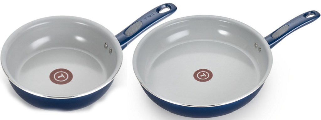 two blue frying pans