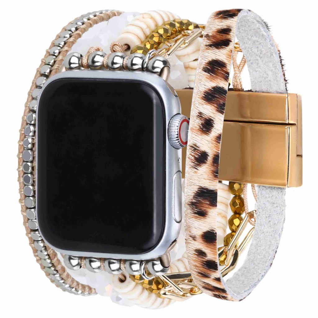 white gold and leopard print beaded apple watch strap