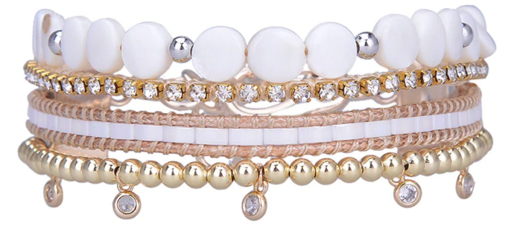 white and gold beaded stacked mini cuff bracelet