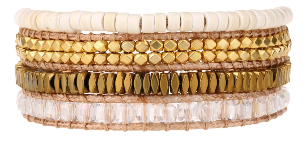 stacked beaded gold and white cuff bracelet