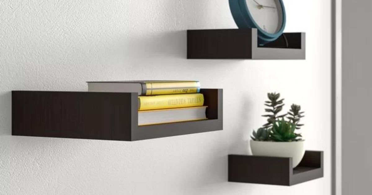 brown floating shelves on wall
