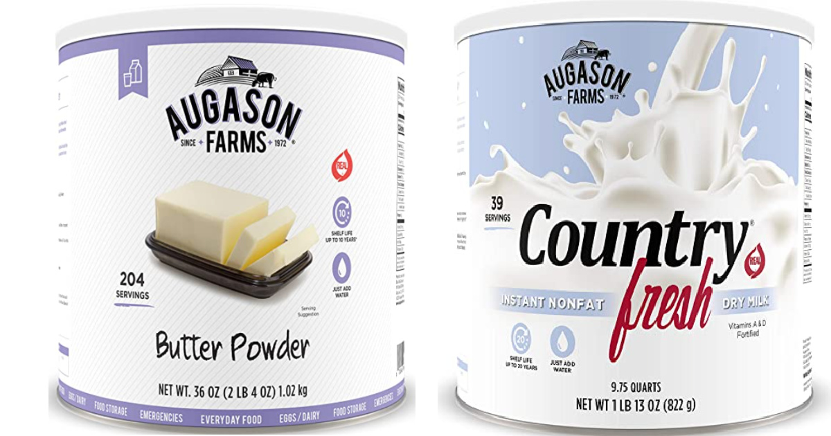 Side by side containers of Augason Farms Butter Powder and Nonfat Milk
