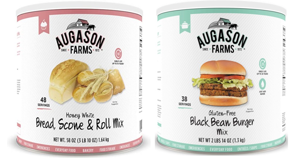 side by side containers of Augason Farms Scone Mix and Black Bean Burger mix