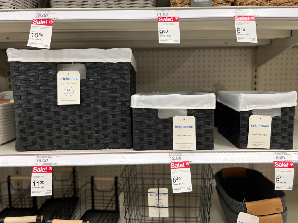 black woven storage baskets on store shelf