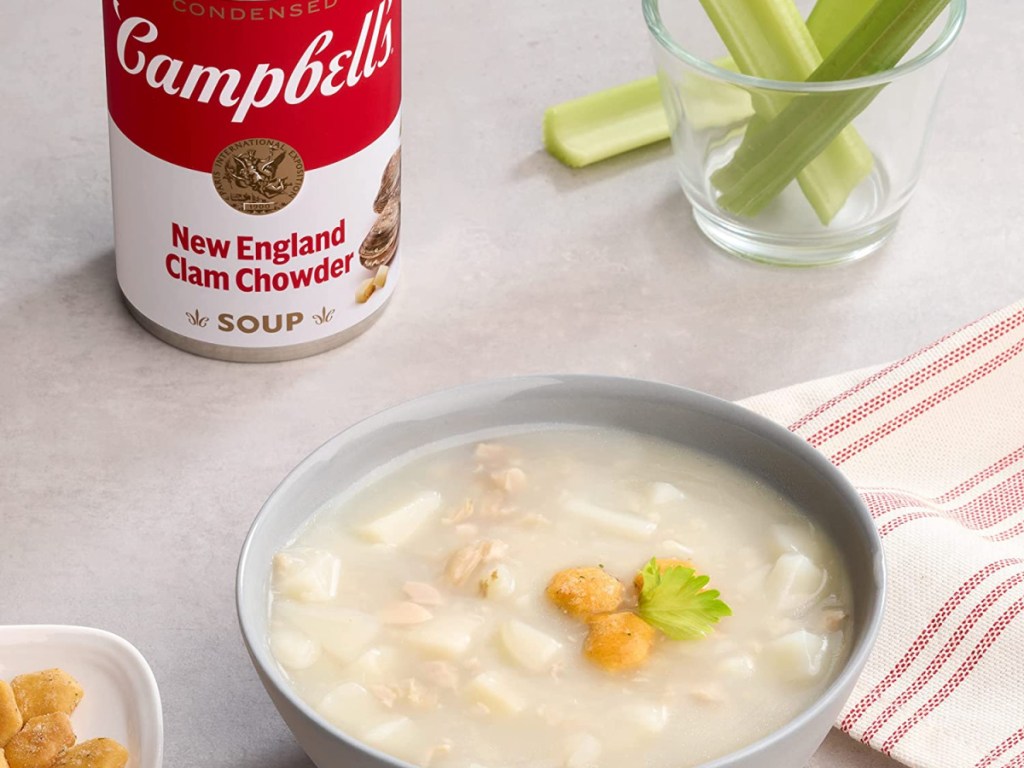 New England Clam Chowder soup can and bowl of soup