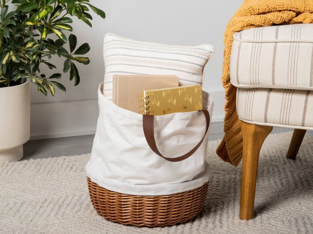 Canvas Collapsible Basket next to chair