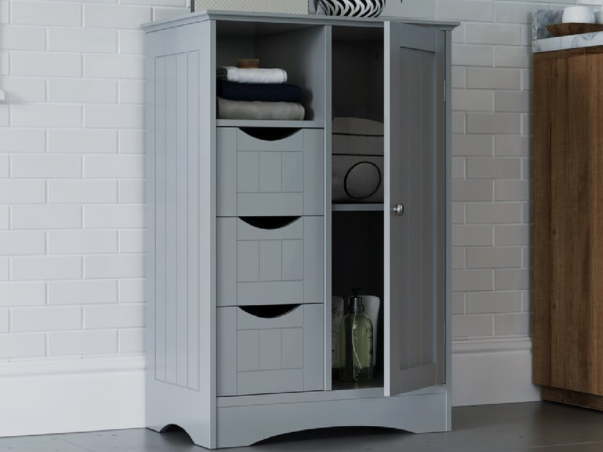 gray free standing bathroom cabinet with door open