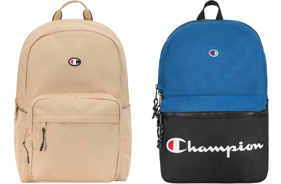 tan and blue Champion Backpacks