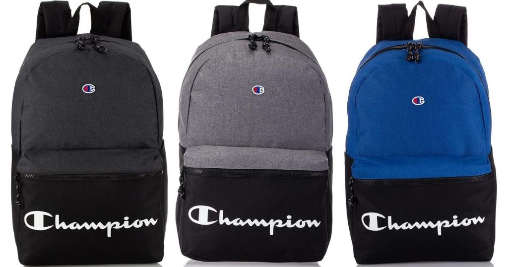 champion manuscript backpacks in blue, grey, and blue