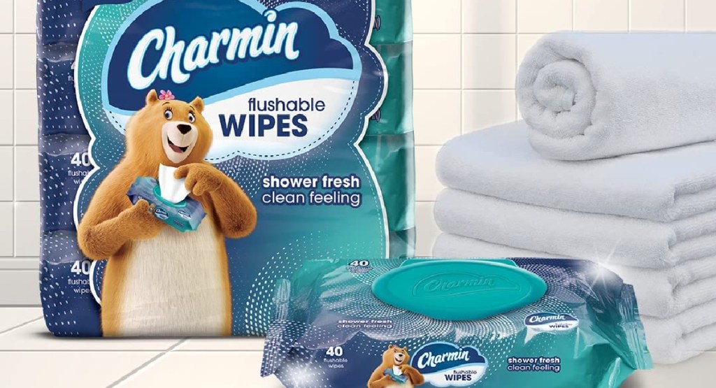 Charmin Flushable Wipes, 4 packs displayed with towel on the side