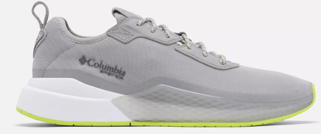 gray, lime green and white Columbia shoes