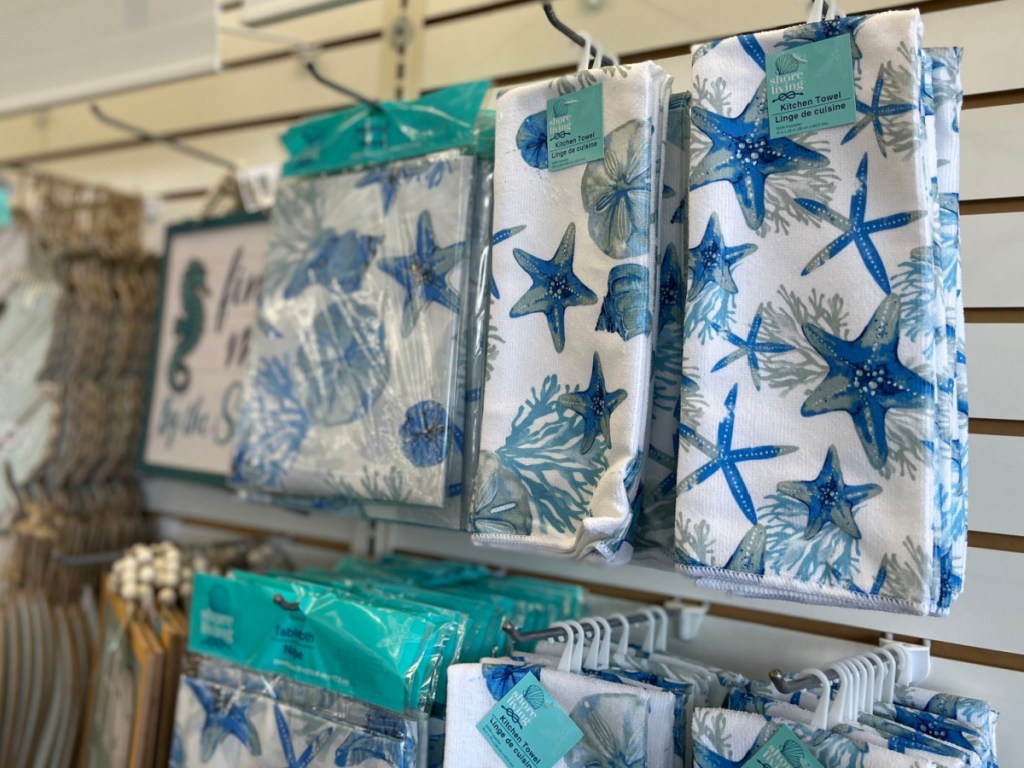 blue and white seashell kitchen towels in store
