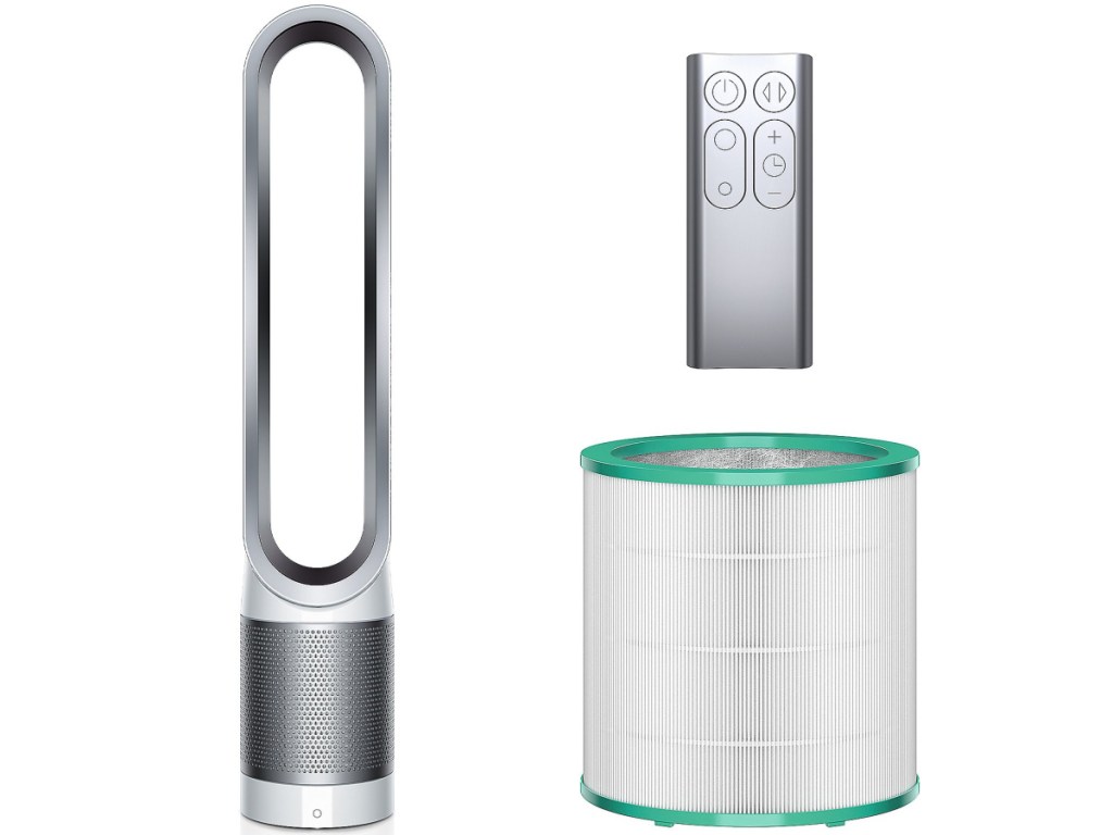 white and silver fan and air purifier, filter, and remote control
