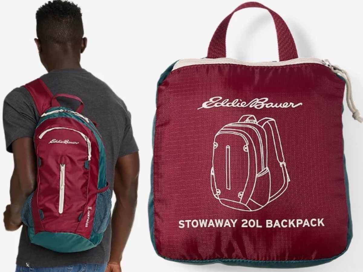 two stock images of Eddie Bauer Backpacks one worn and one not