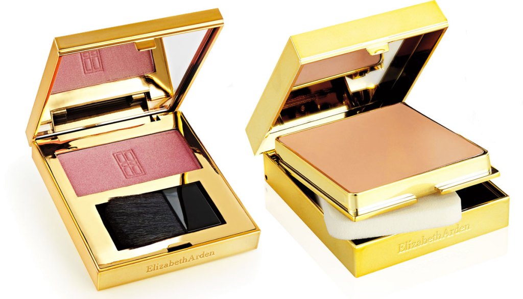 blush and powder foundation in gold packaging