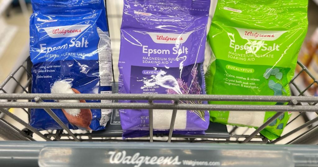 Walgreens shopping cart filled with bags of Epsom Salt