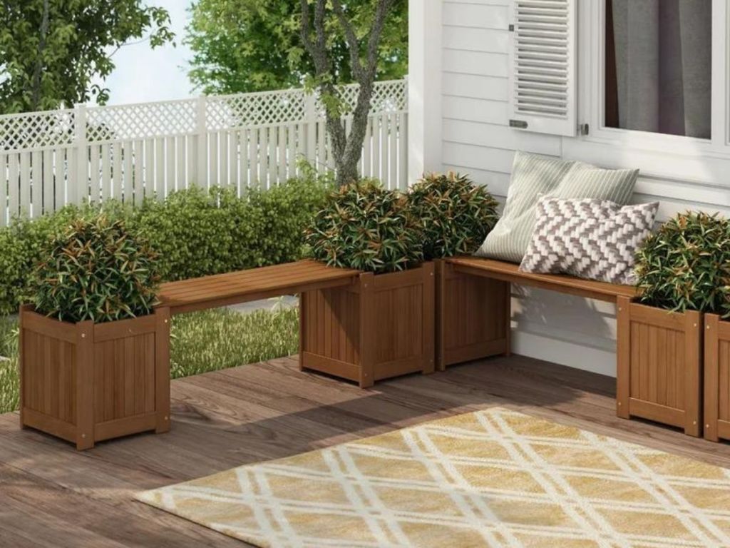 Wooden Planter Bench with trees in each planter