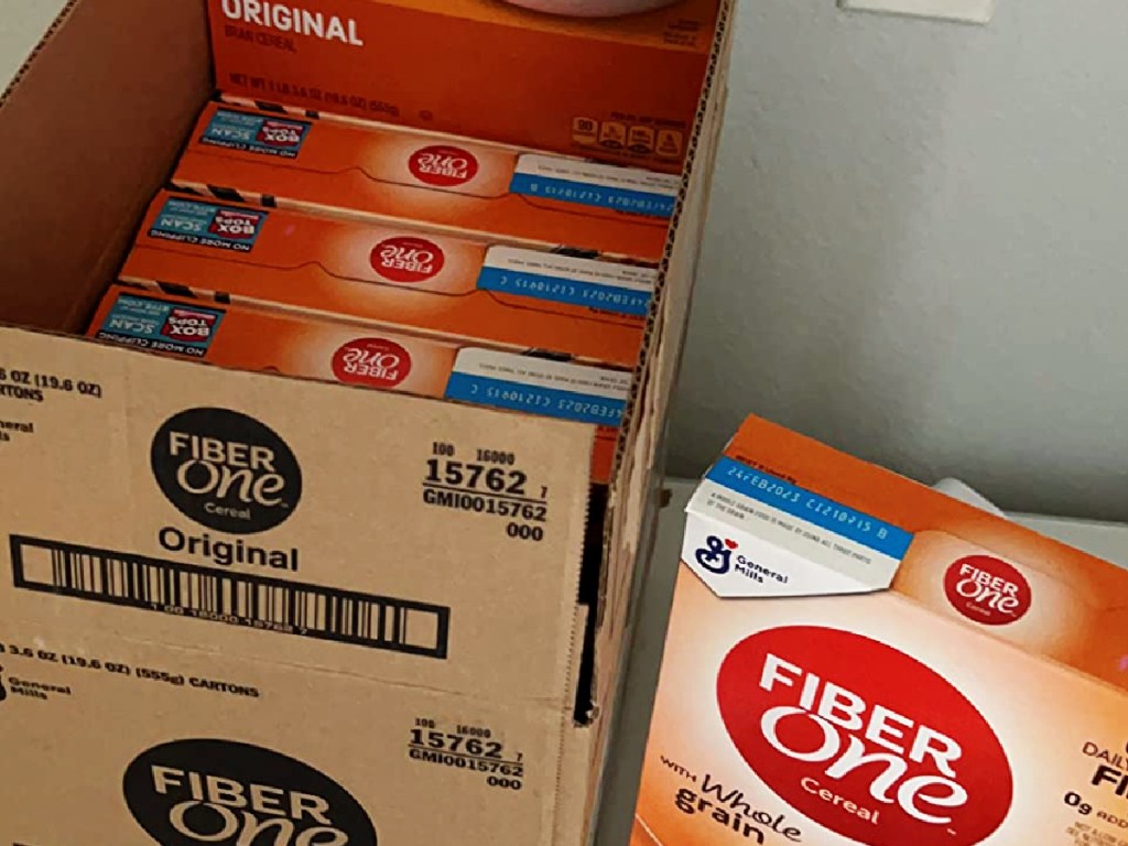 boxes of fiber cereal in shipping box