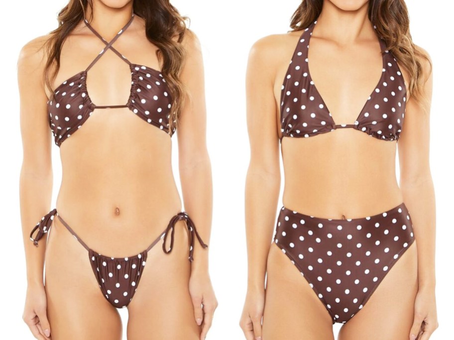 two women wearing brown and white polka dot bathing suits
