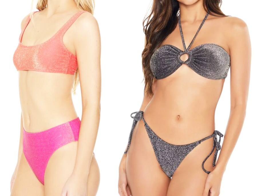 women in pink/orange and black shimmery bathing suits