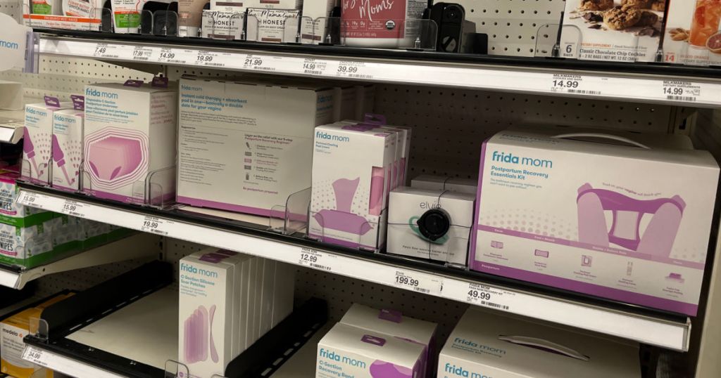 white and purple boxes on shelf 