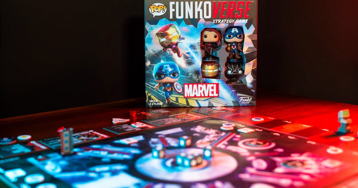 Funkoverse Marvel game box propped up behind the set up game
