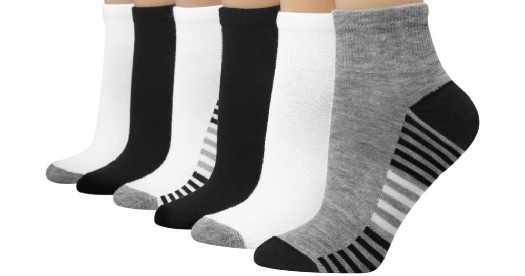 six black, grey, and white socks
